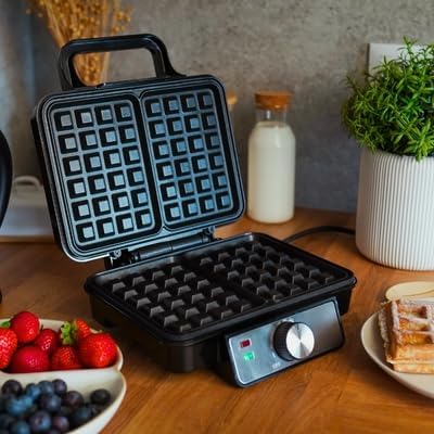 Gaufrier - 1200W, 2 plaques, temp. réglable, compact, poignée froide