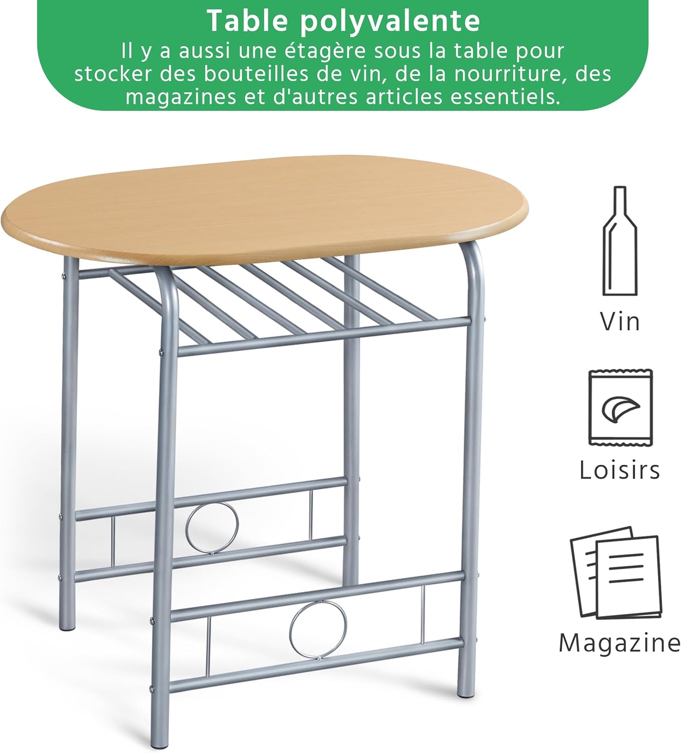 Yaheetech - ensemble table et 2 chaises, bois/argent, compact, porte-bouteilles