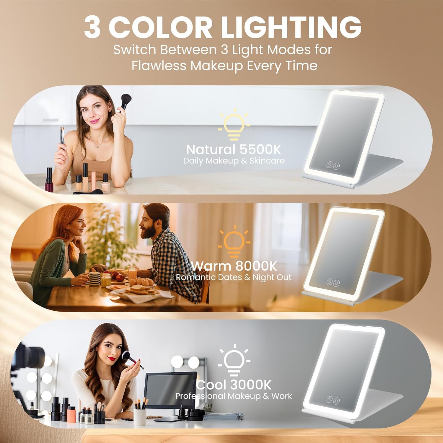 Miroir de maquillage LED - 72 LED, 1500mAh, 3 modes, pliable, portable