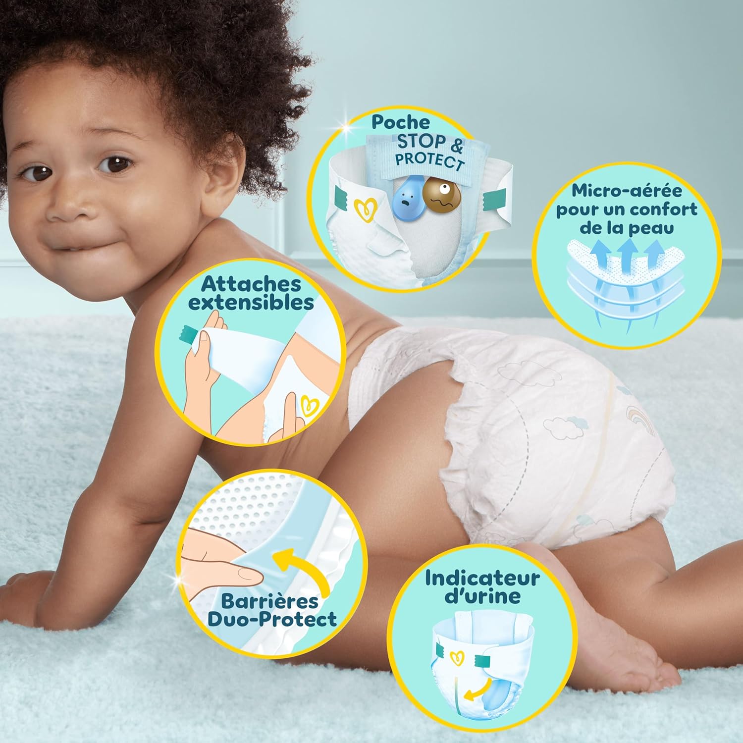 Pampers - Premium Protection taille 7, 128 couches, stop fuites, 15kg+