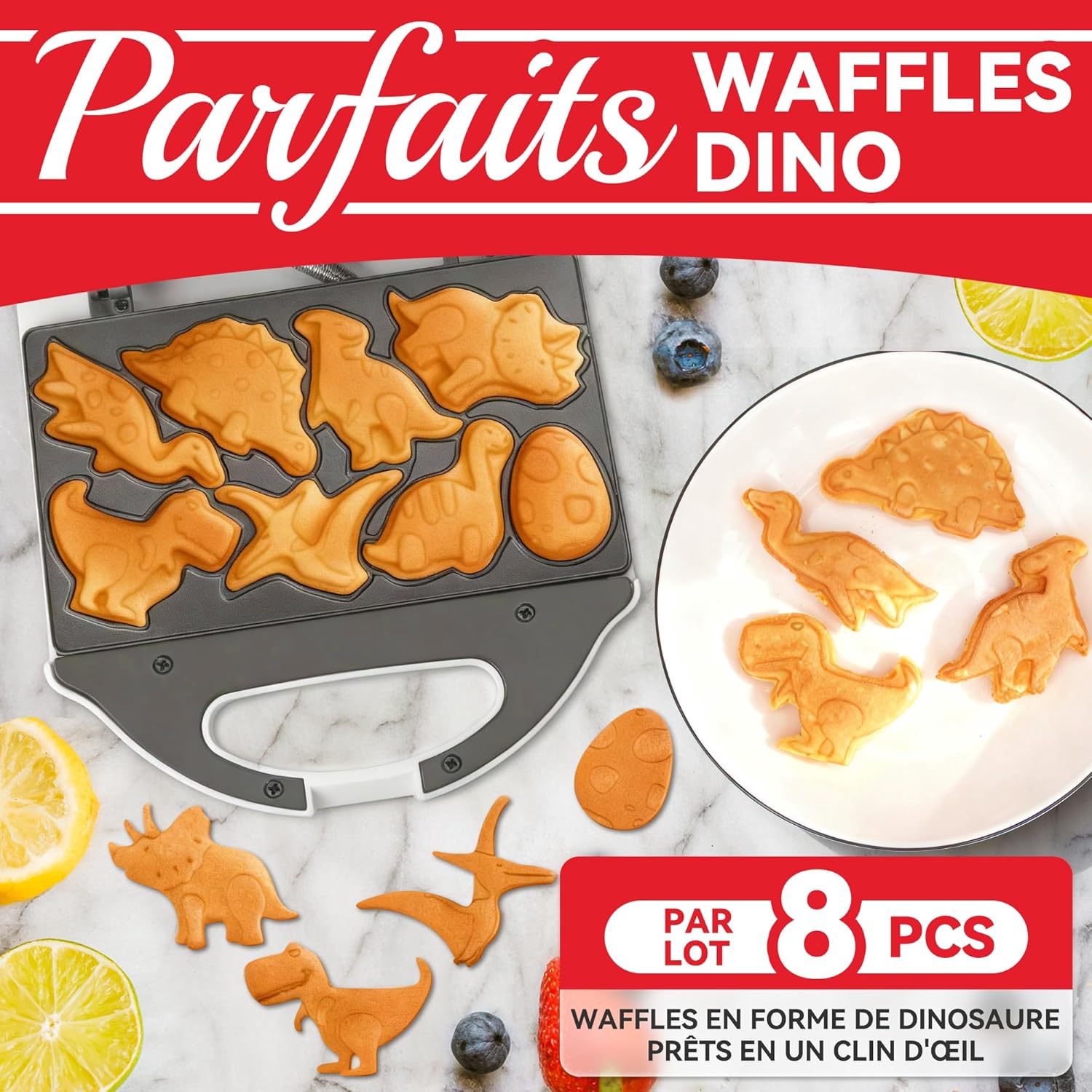 Mini gaufrier - Dinosaures - blanc - 8 motifs dinosaures, multifonction