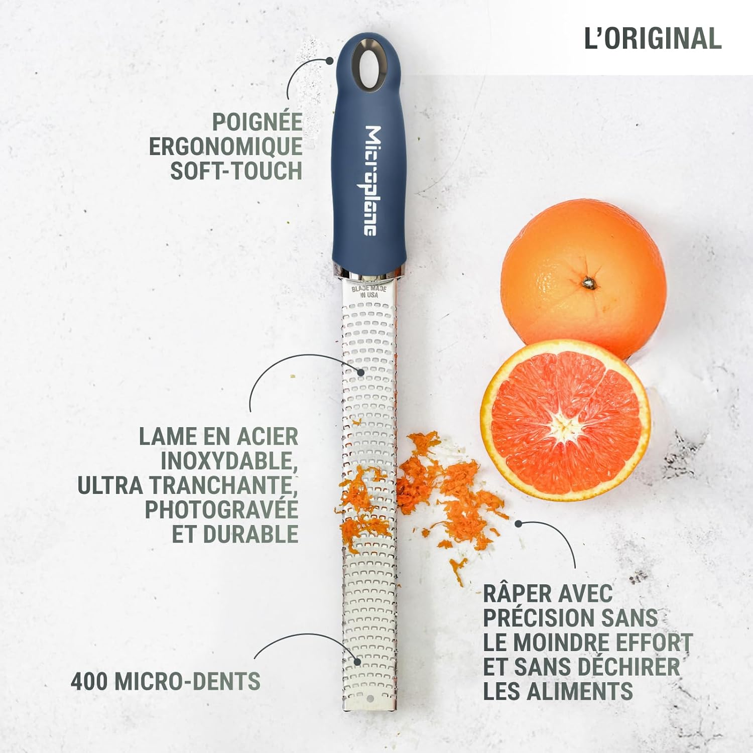 Microplane - Râpe à zesteur série fine - bleu denim - lame fine, usage agrumes, parmesan, gingembre, chocolat, noix de m