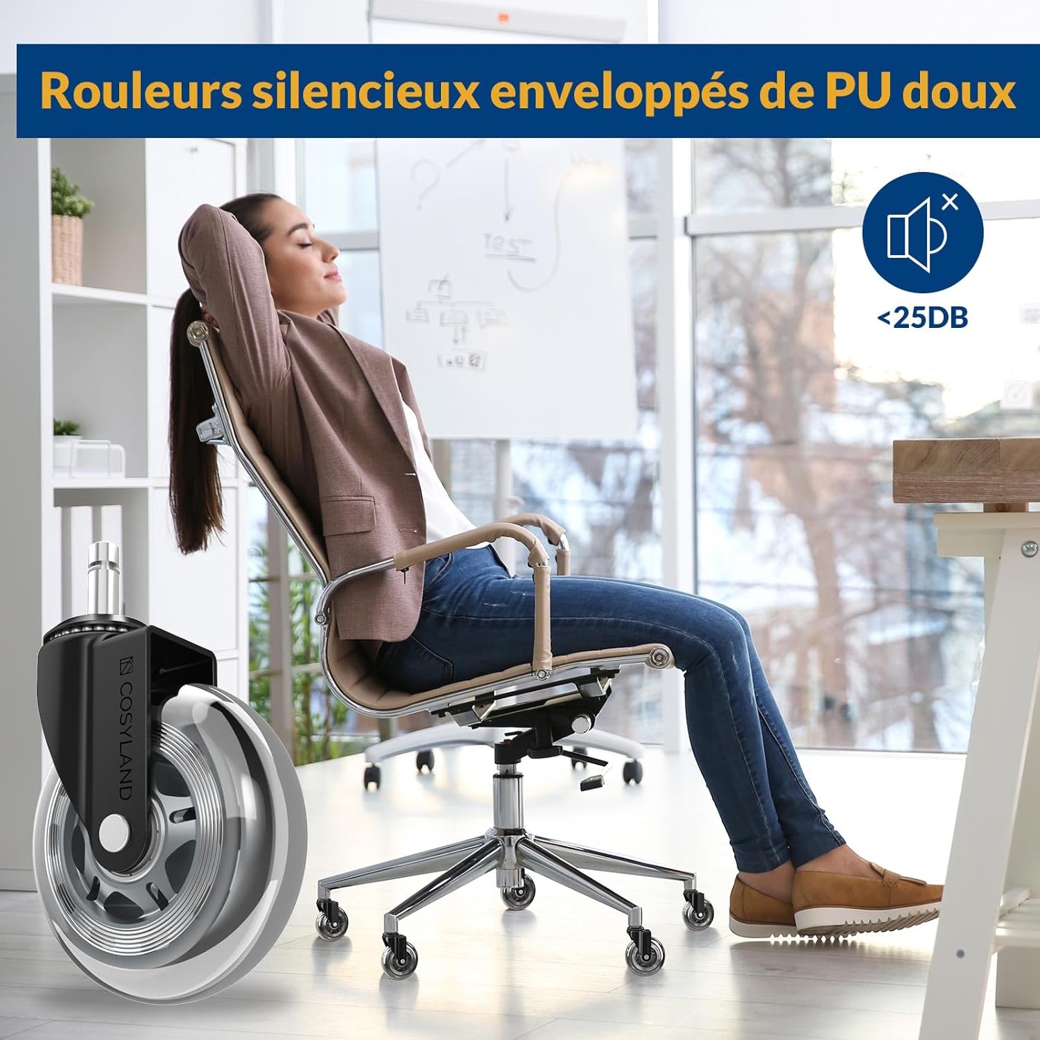 COSYLAND - roulette chaise bureau - 11x22mm - 300kg, 360° fluide, 7.5cm, argenté