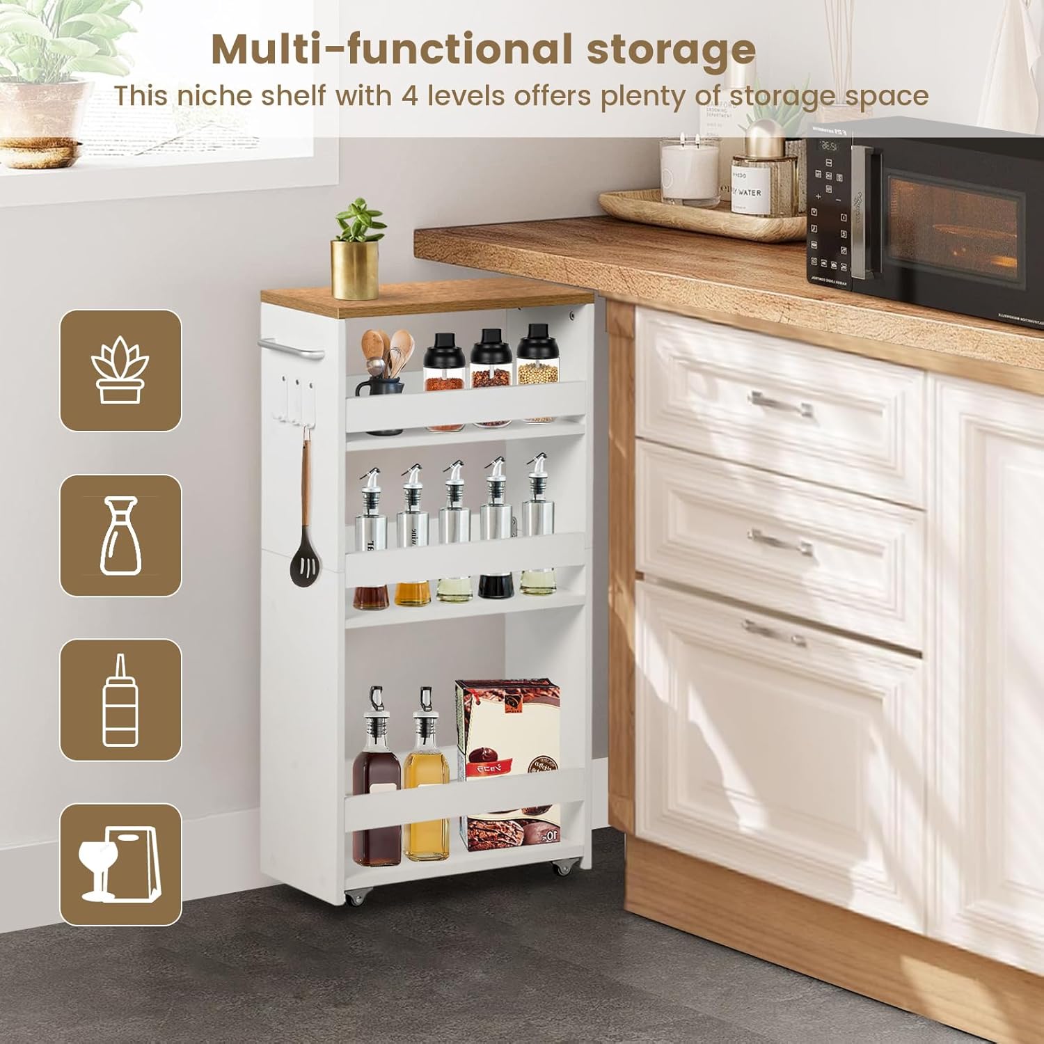 Chariot de rangement - étroit 20cm, 4 niveaux, roulettes, poignée, crochets