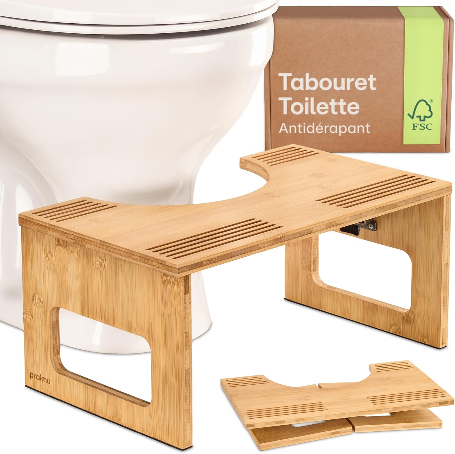 Praknu - tabouret WC bois FSC, antidérapant, ergonomique, adulte
