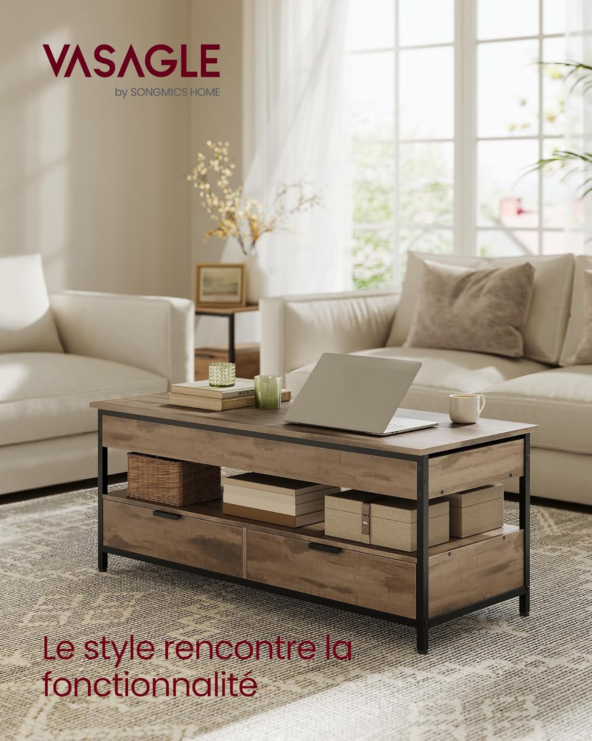 VASAGLE - table basse série LCT252K02 - 50x120cm - plateau relevable, tiroirs, rangements, marron/noir - LCT252K02