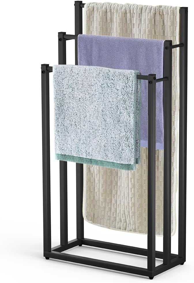 VOUNOT - Porte-serviettes sur pied, 3 niveaux, métal, noir, rangement stable