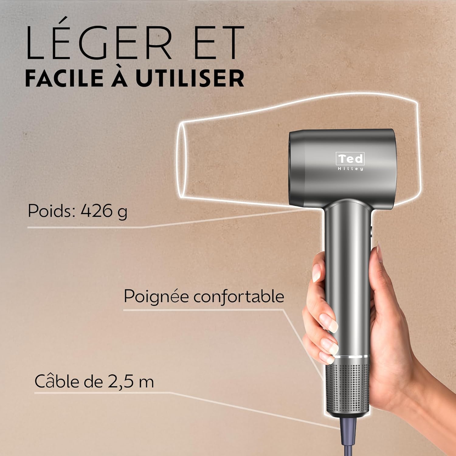 Sèche-cheveux ionique pro - diffuseur - compact - brillance, anti-frisottis