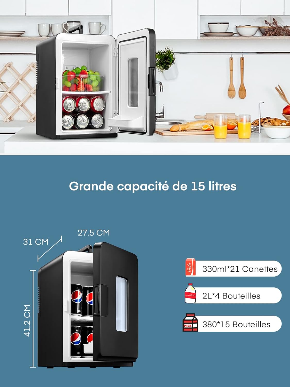 NORTHCLAN - Mini Frigo 15L - froid/chaud, silencieux, 12V/220V