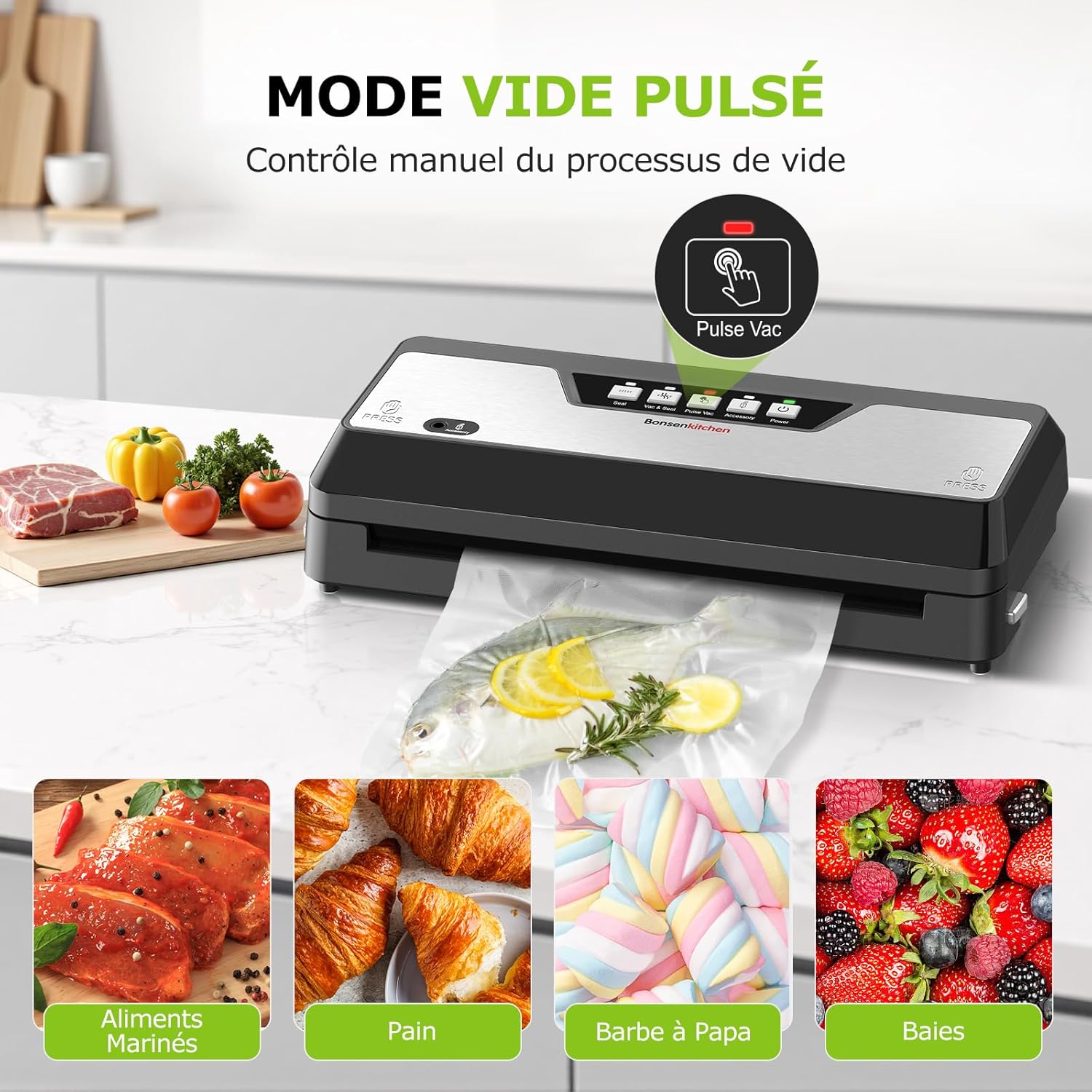 Bonsenkitchen - machine sous vide, intégrée coupe-sac, rangement, 1 rouleau, 5 sacs, noire