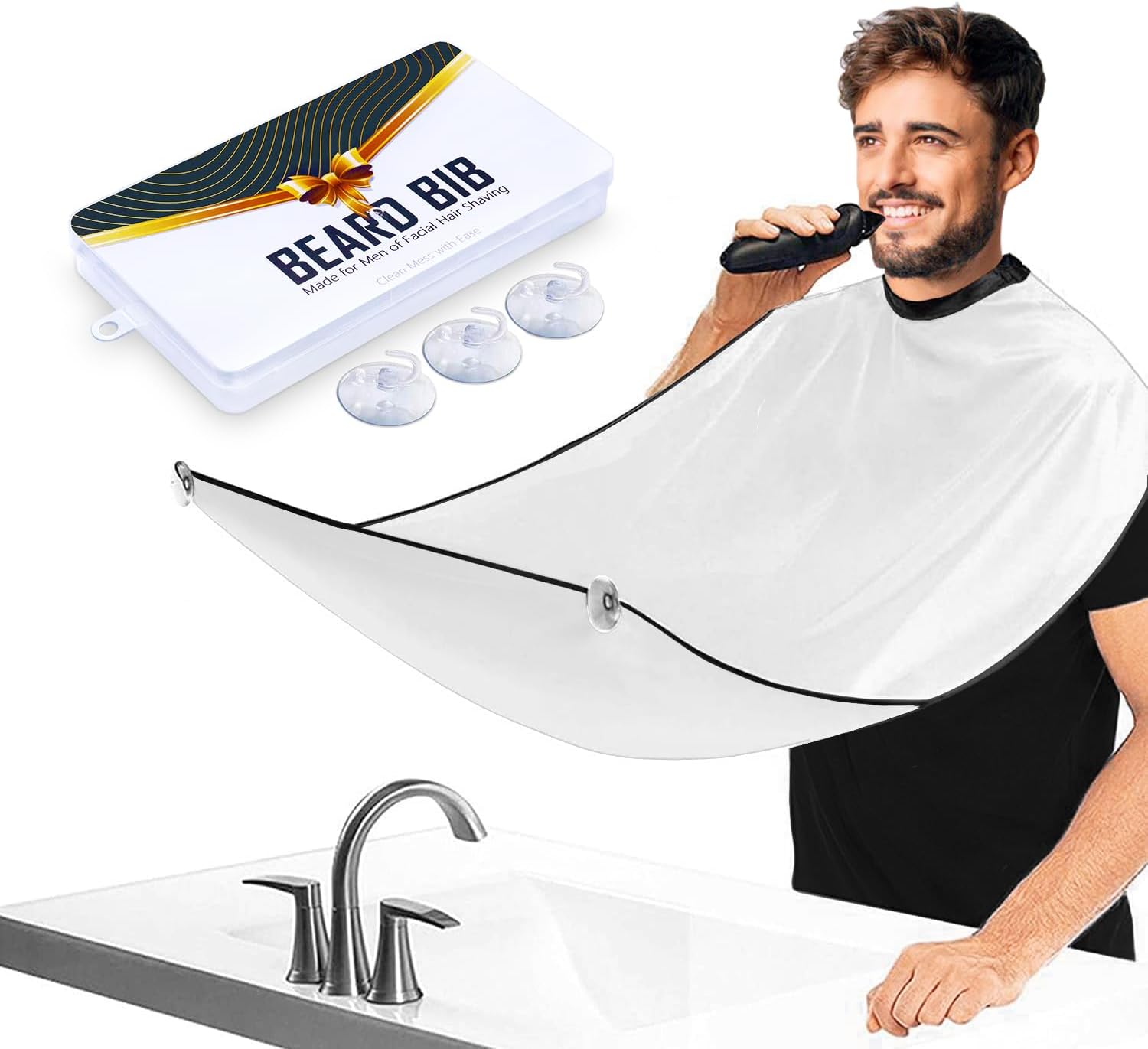Tablier à barbe homme - cape imperméable rasage, 3 ventouses, blanc, soin facile