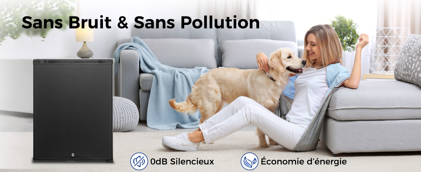 Le texte indique « Sans bruit et sans pollution ». Scène de salon avec canapé gris et chien, avec des icônes de messagerie écologiques.