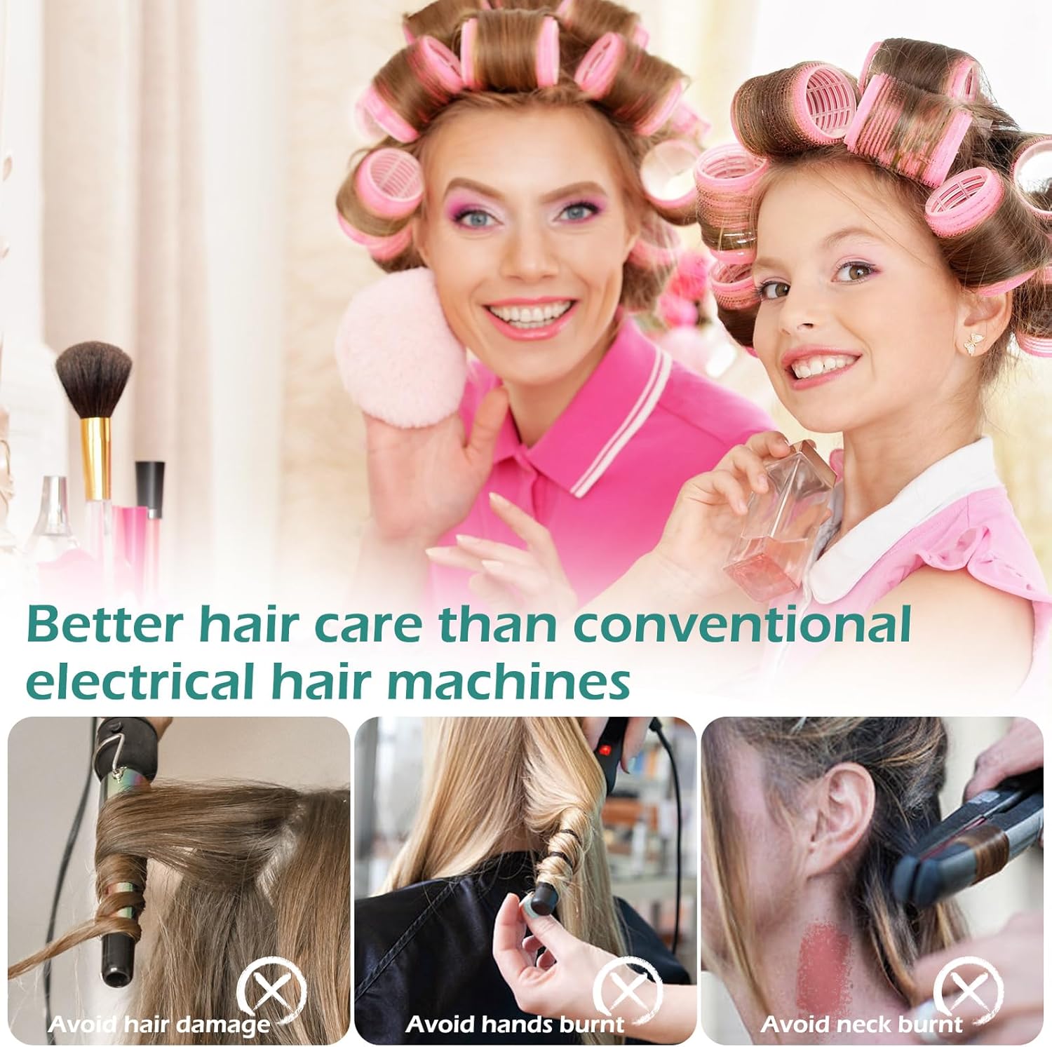 GeeRic - bigoudis auto-agrippants - lot de 33 - sans chaleur, pinces, peigne, rose