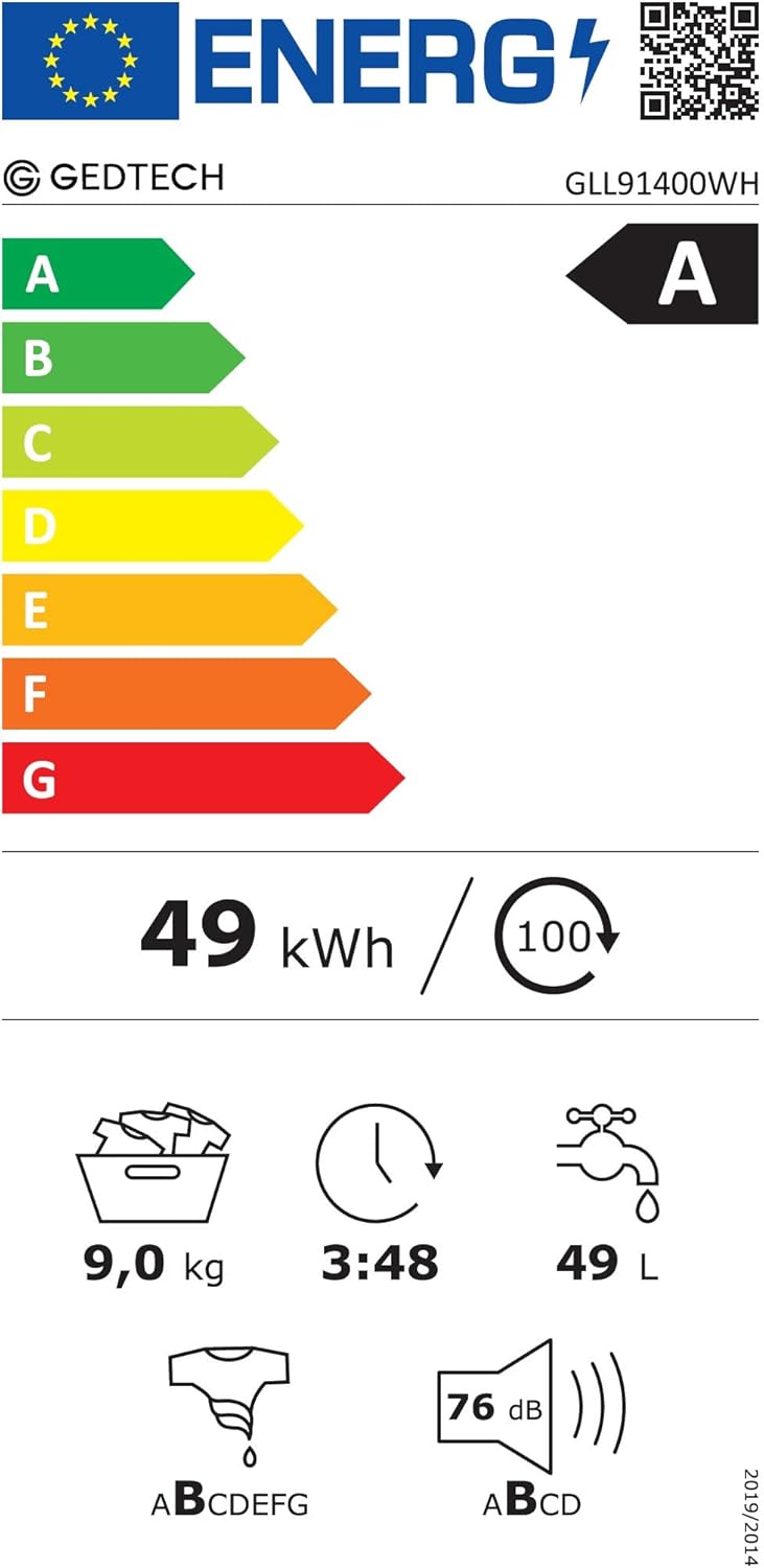 GEDTECH - lave-linge frontal 9kg, 1400tr/mn, 16 prog, eco, A-10% GLL91400WH