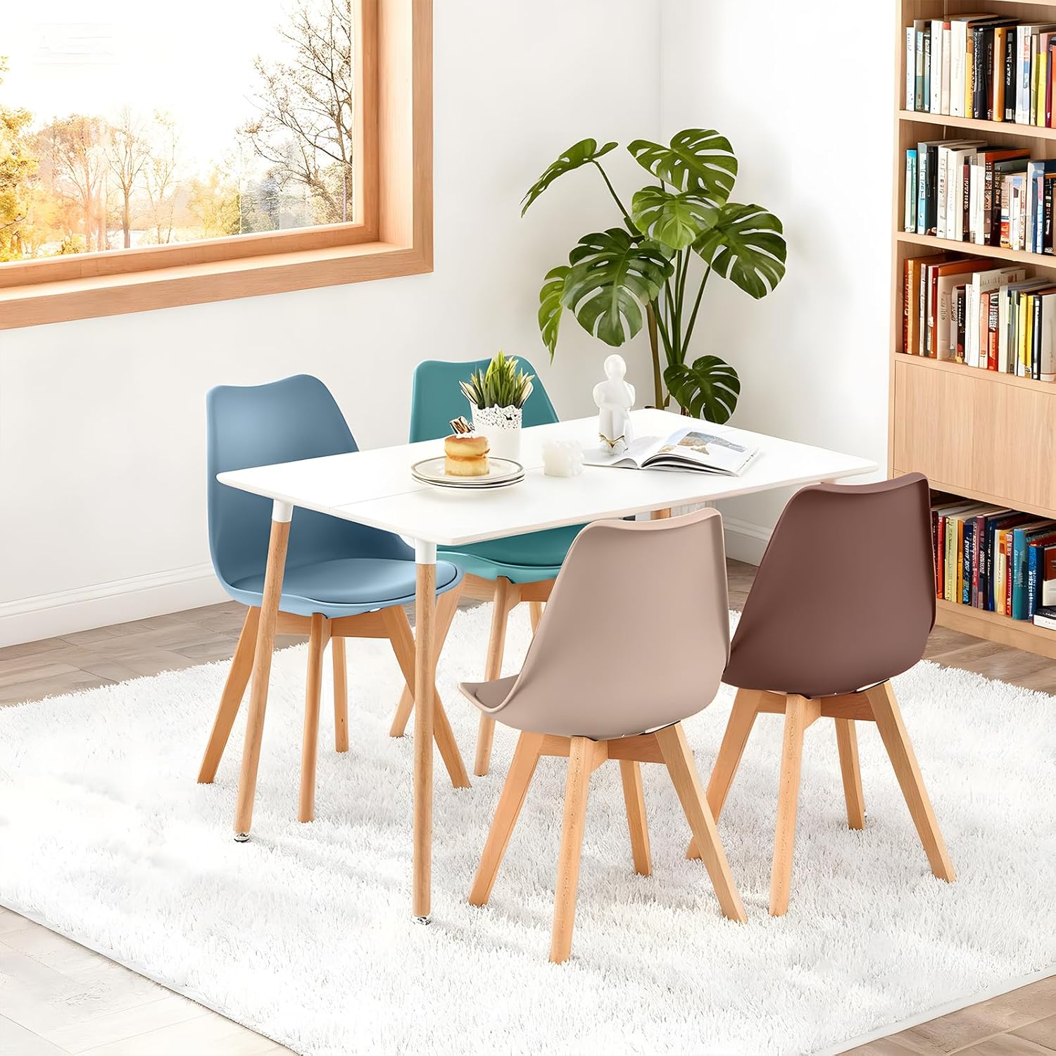 EGGREE - Lot de 4 chaises scandinaves, bois hêtre, assise rembourrée, coloris Morandi, design rétro