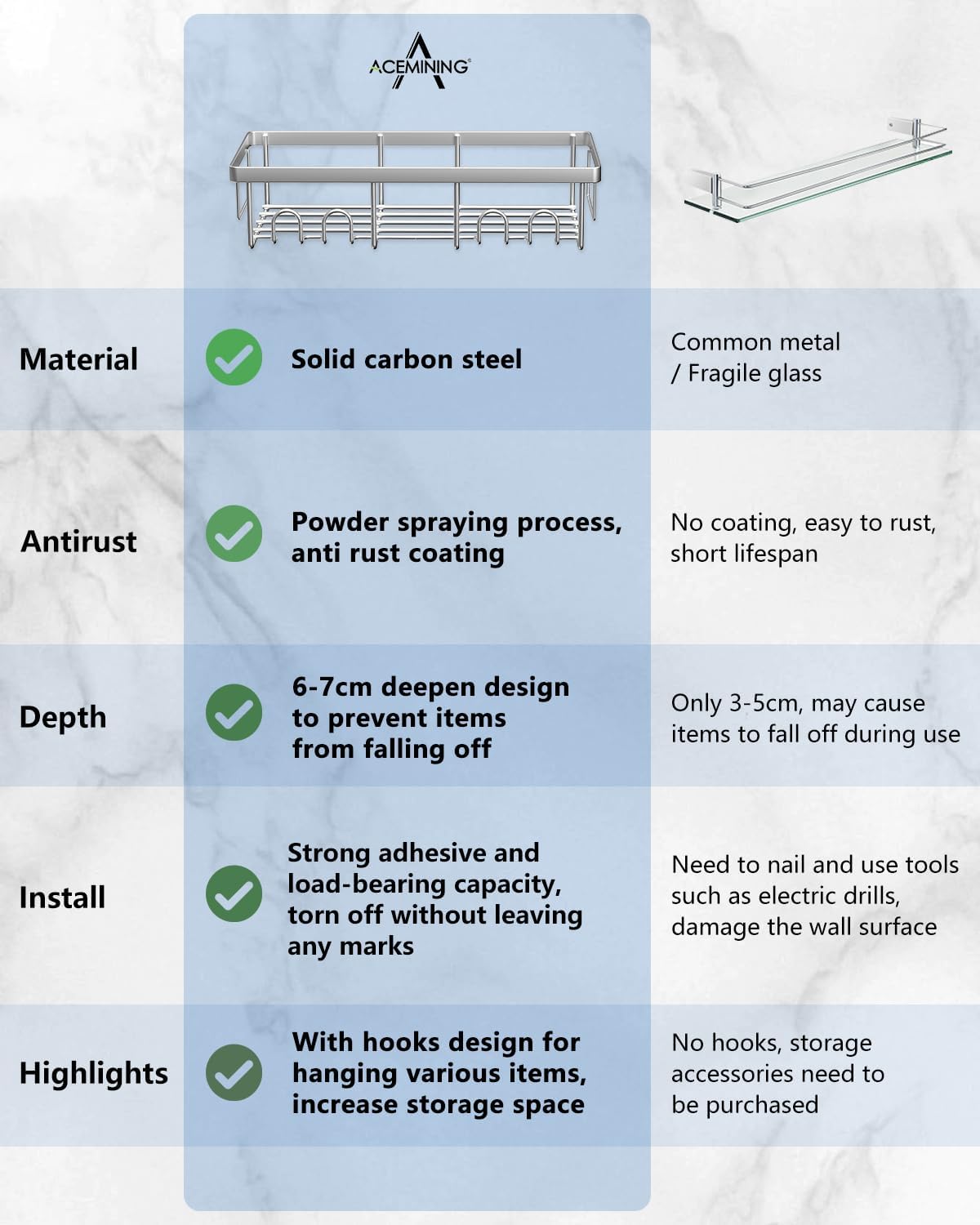 AceMining - étagères salle de bain inox, lot de 3, sans perçage