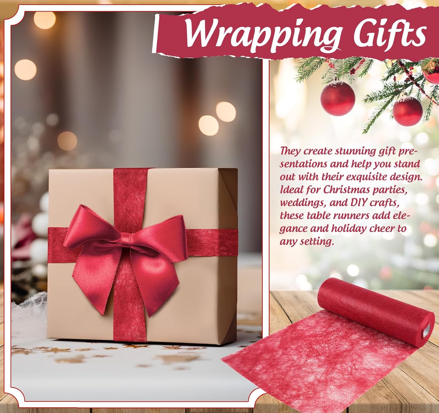 Chemin de table - non tissé, rouge, 23x300cm - 150 cœurs, réutilisable, fête/mariage