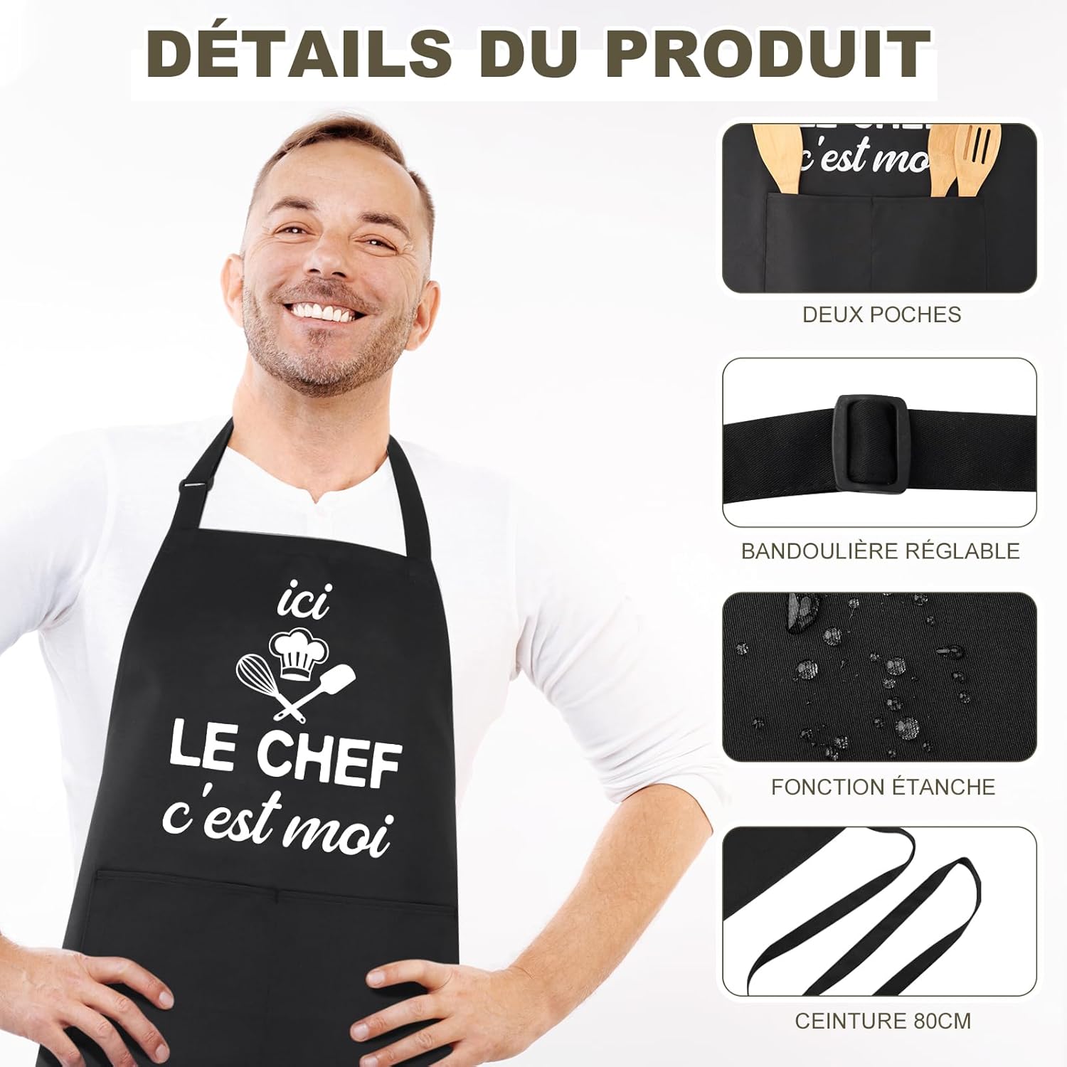Tablier de cuisine - étanche réglable, poches, cadeau fête des pères