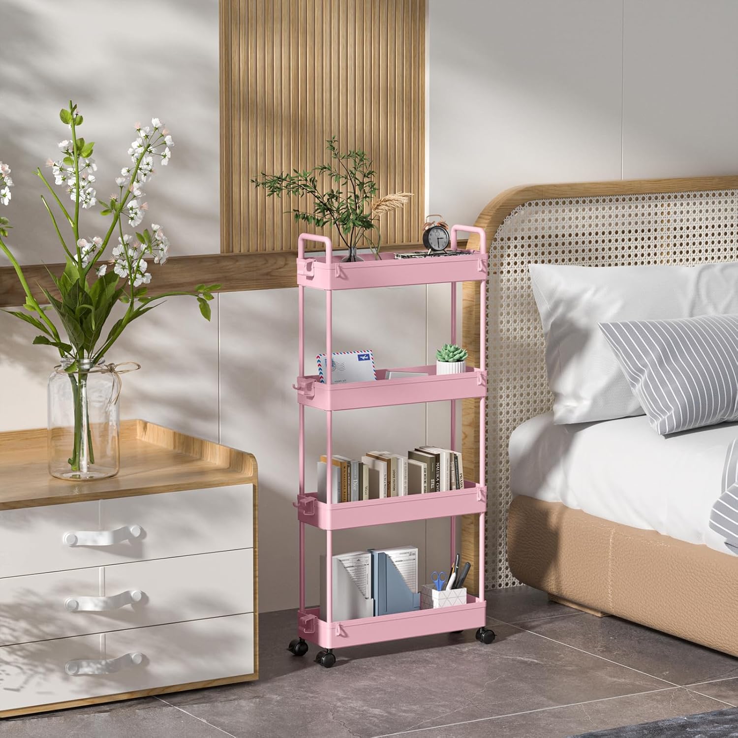 SOLEJAZZ - chariot de rangement 4 niveaux, roulettes, étroit, rose