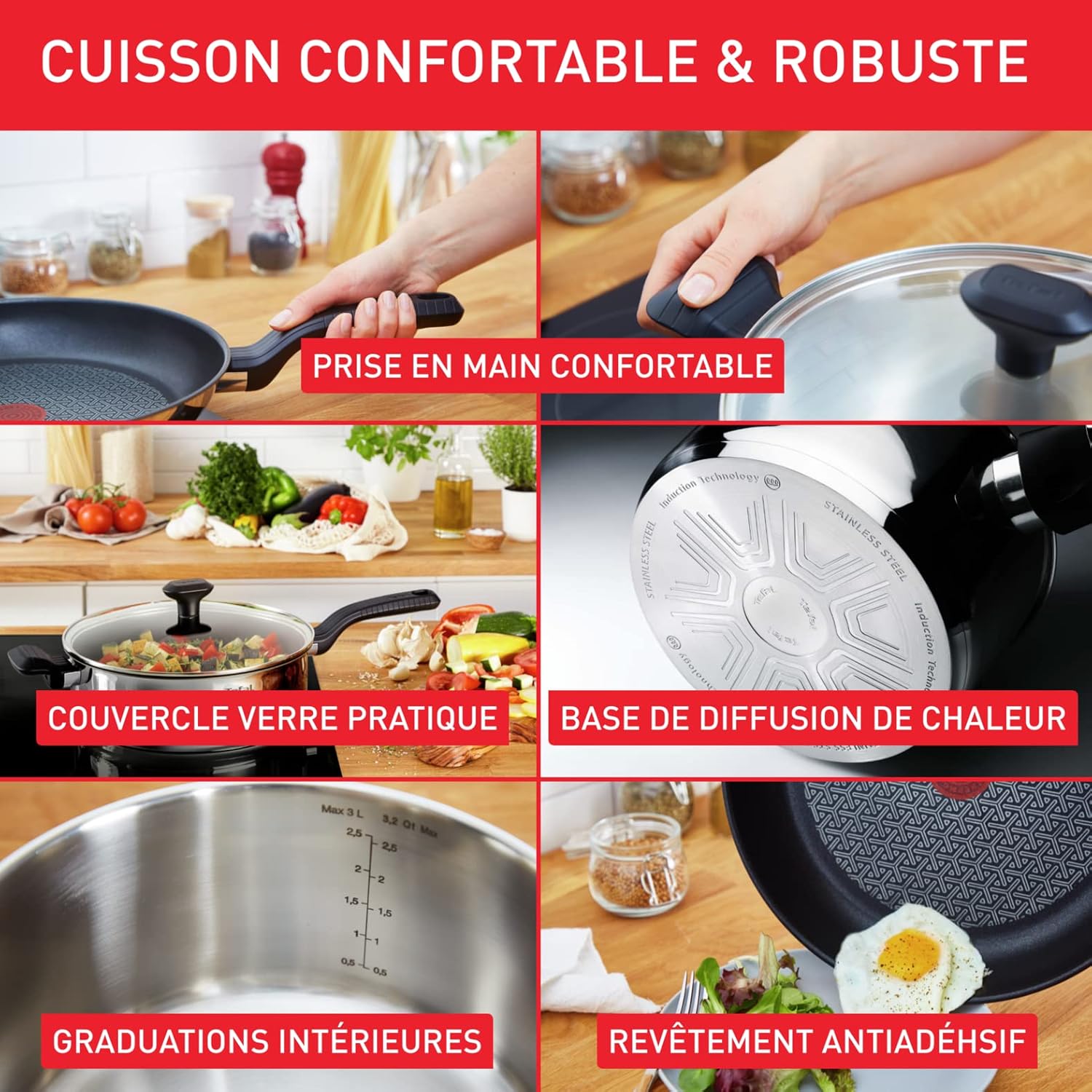 Tefal - Comfort Max - 3 casseroles 14/16/18cm + 2 couvercles, inox, induction, poignées isolées C973S344