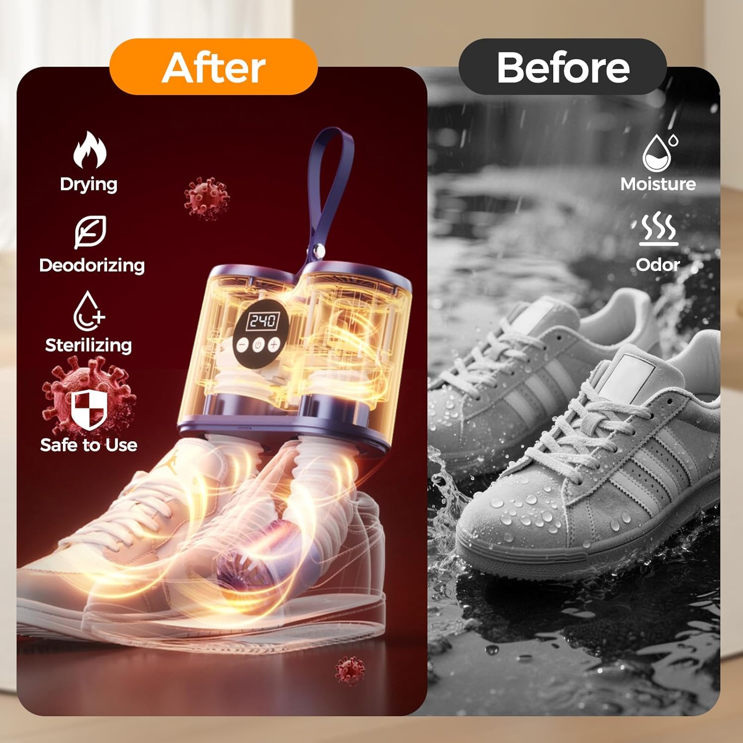 Sèche-chaussures électrique, minuterie, tuyaux extensibles, odeurs, dimensions compactes