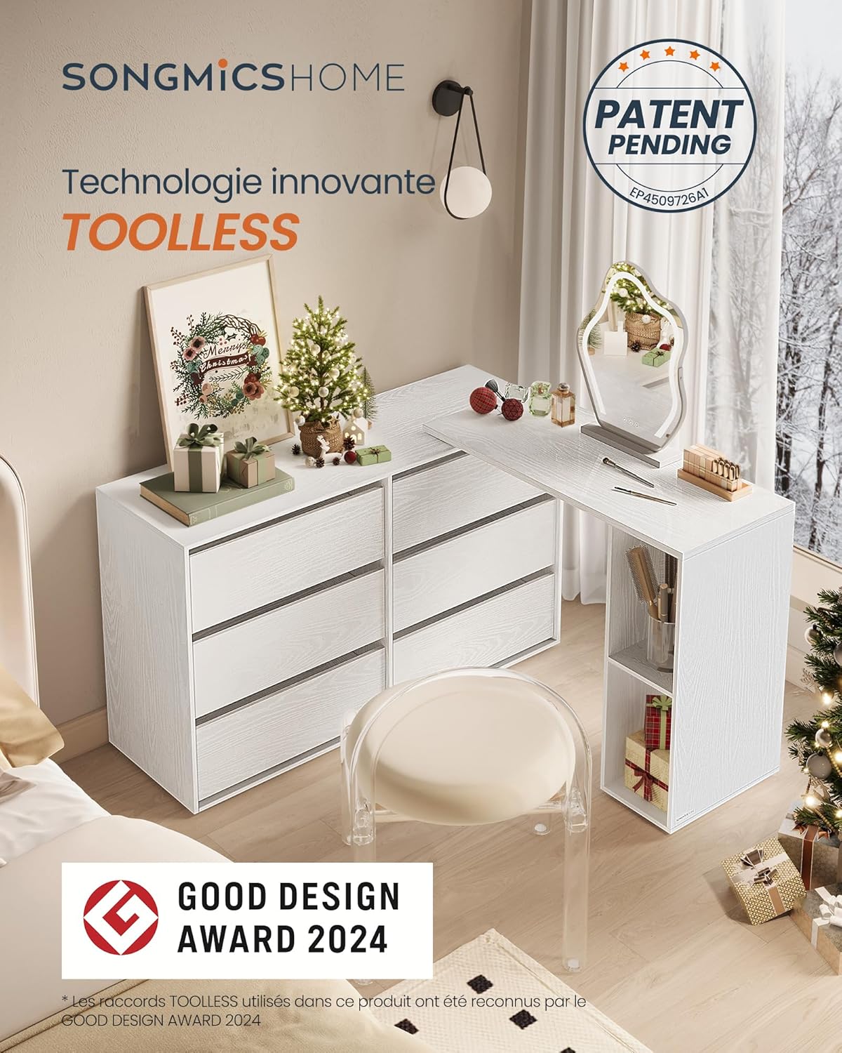 SONGMICS - Coiffeuse Toolless, rangement, étagère, blanc, montage facile LTS656W01