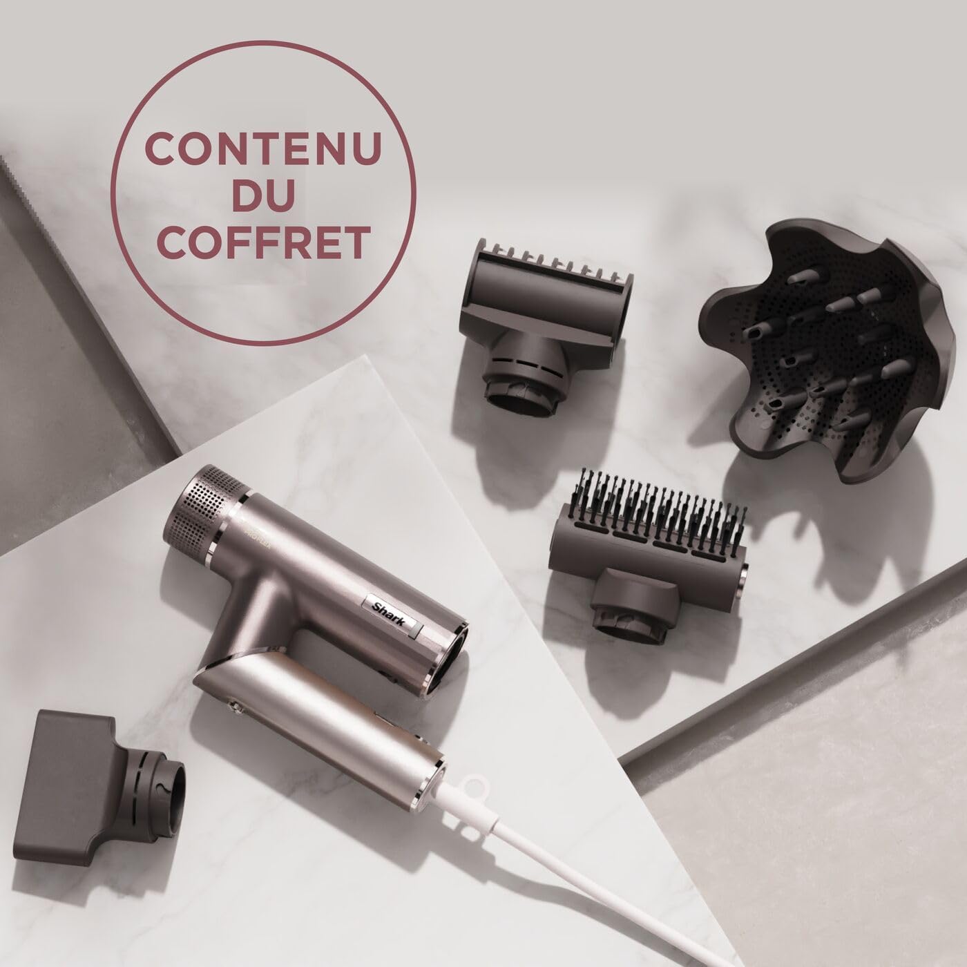 Shark - sèche-cheveux SpeedStyle Pro Flex, léger, ionique, poignée pliante, 4 embouts, moka argent, HD542EU