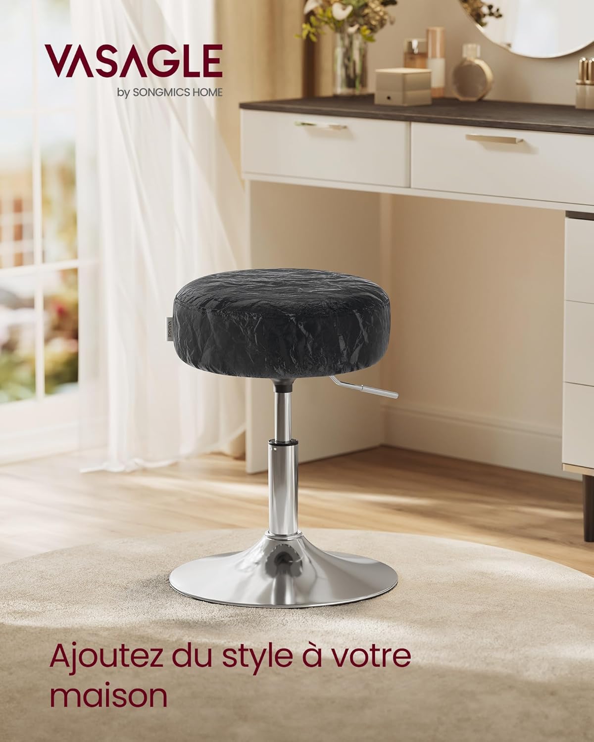 VASAGLE - Tabouret réglable pivotant PU, coussin épais, noir, LJB120B01
