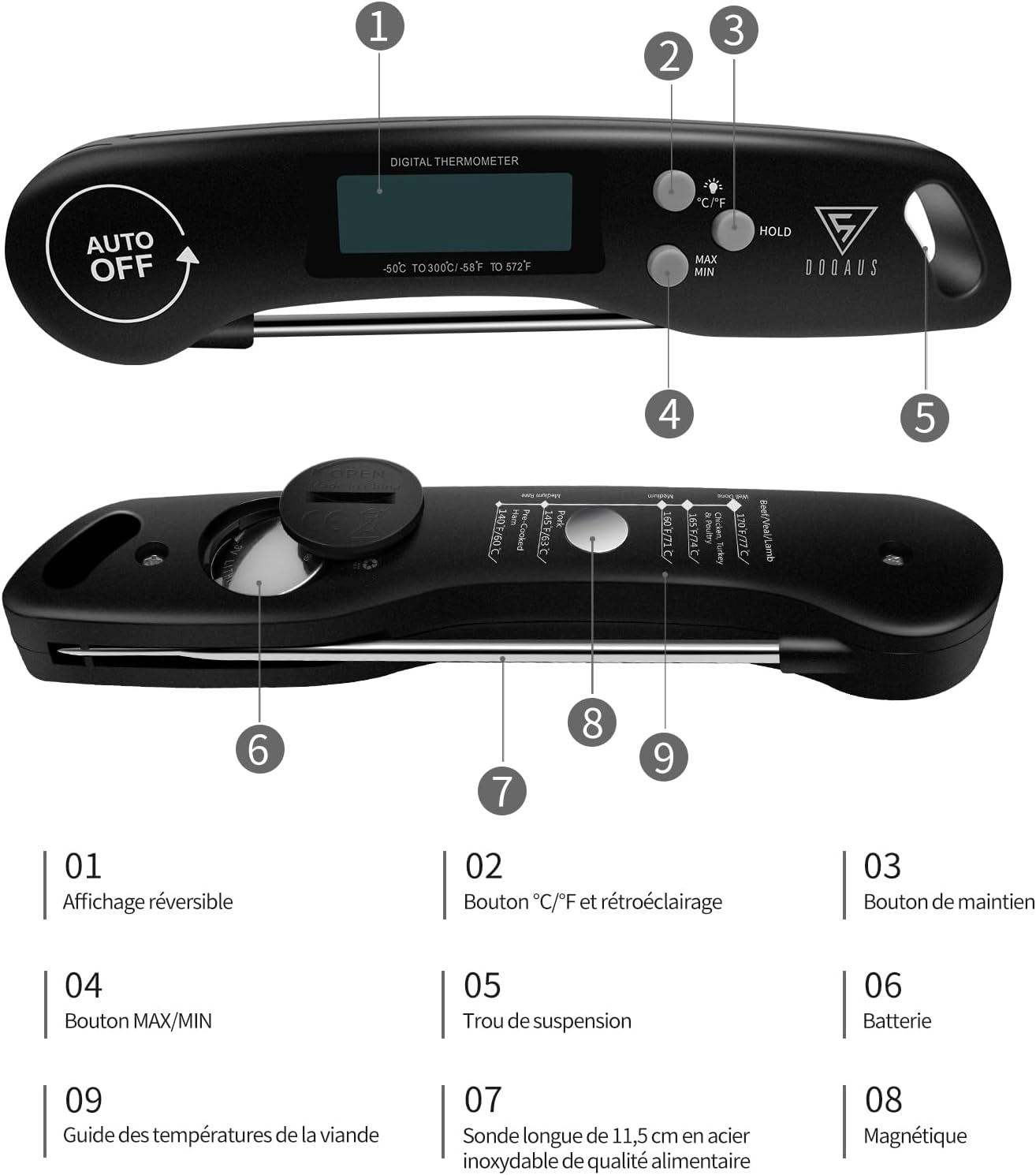 DOQAUS - Thermomètre Cuisine - sonde pliante, écran LCD, lecture 3s, auto off