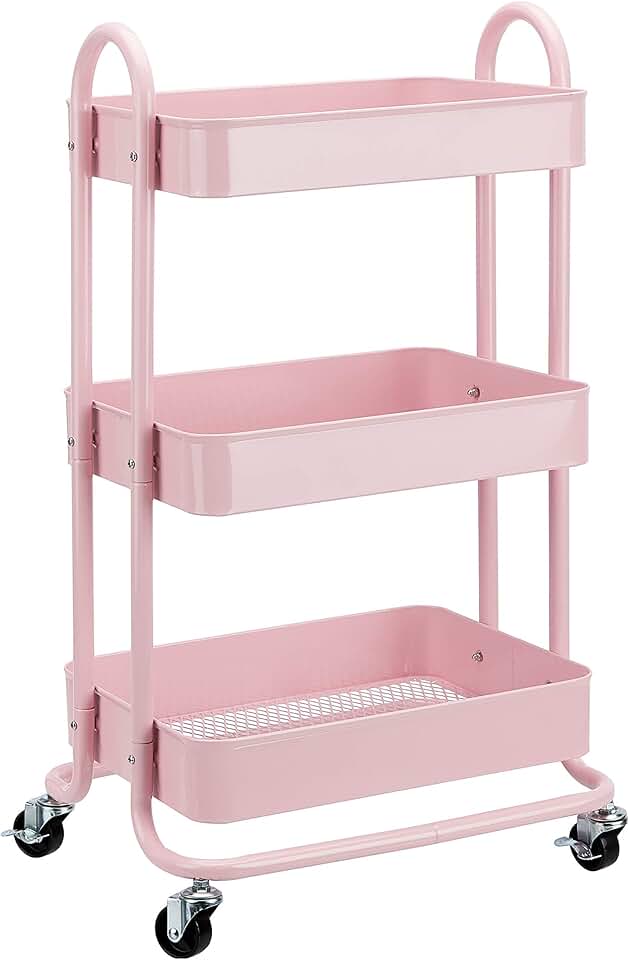 maxxidealz Basics - Chariot de rangement 3 niveaux - roulettes - rose - dimensions compactes
