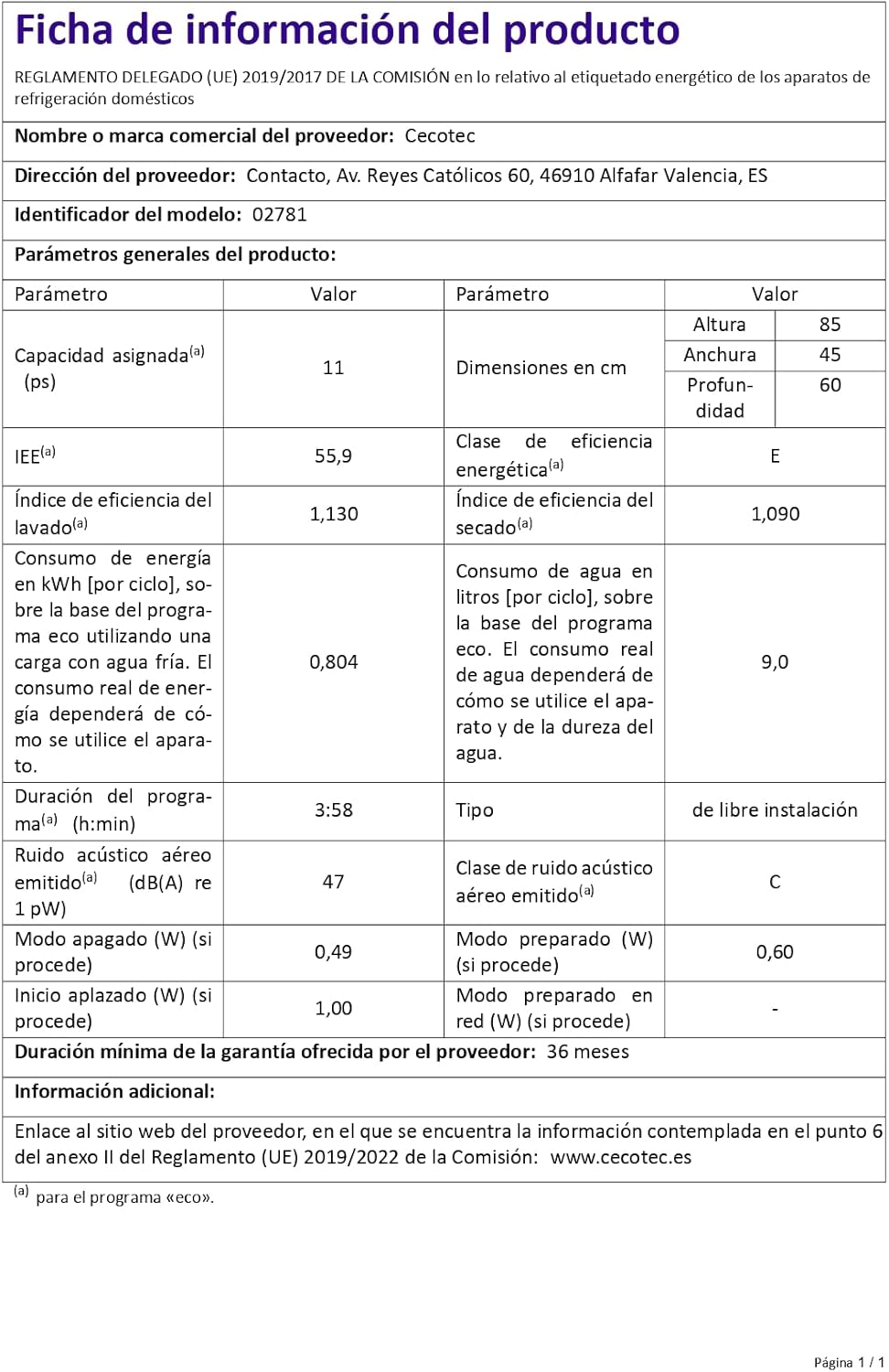 Cecotec - Bolero Aguazero 4201 - 45 cm - 11 couverts, 6 programmes, départ différé, AquaStop