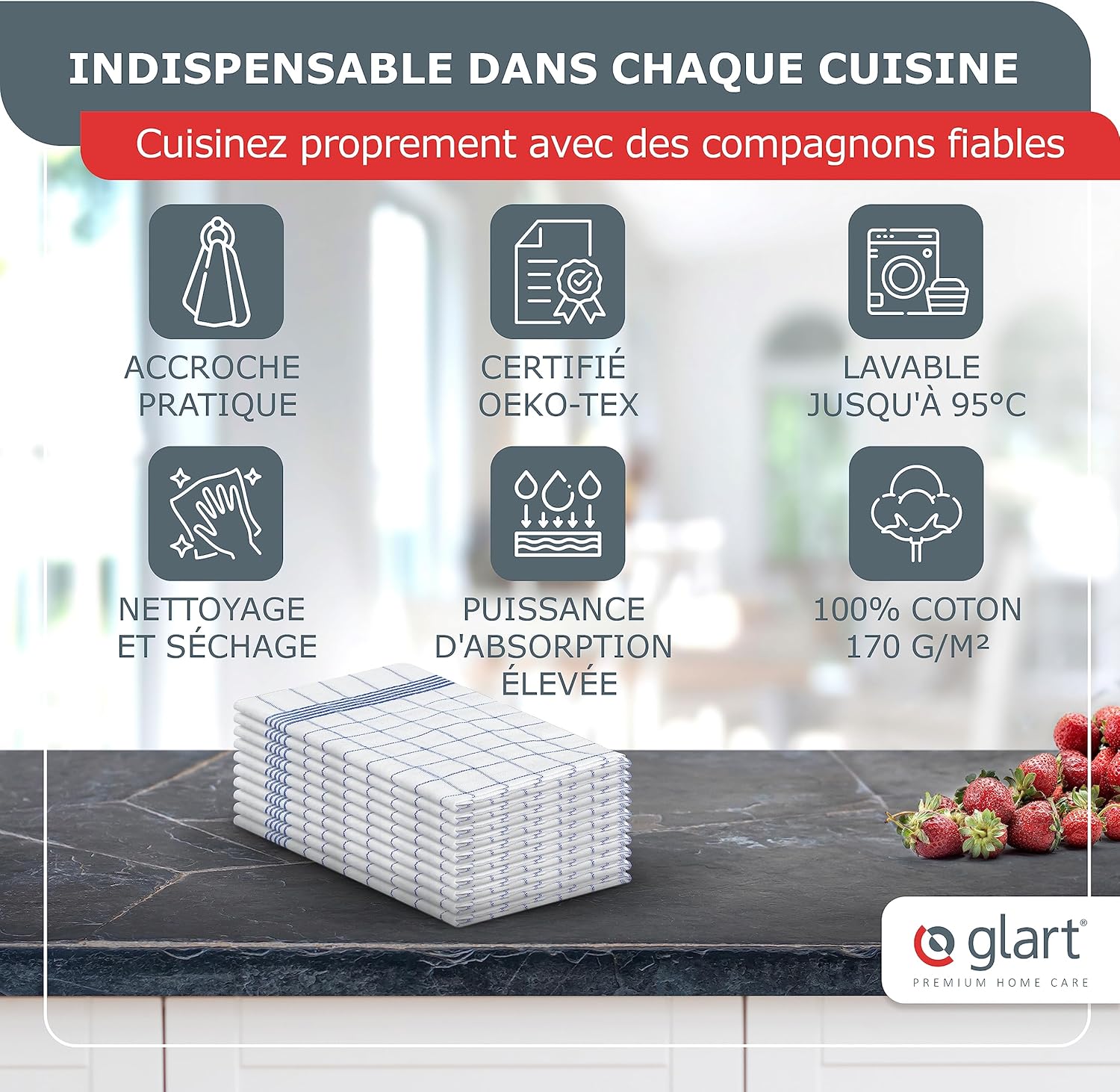 Glart - torchons prélavés 50x70cm coton Oeko-TEX gris sans peluche 48GI2