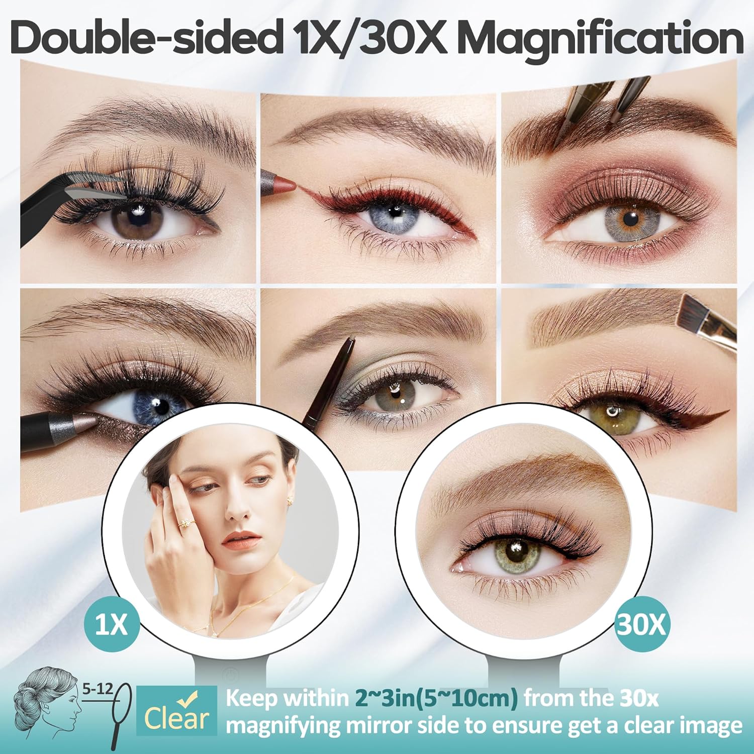 B Beauty Planet - miroir grossissant double face, 1x/30x, 2000mAh, LED, 3 couleurs, pince à épiler, compact