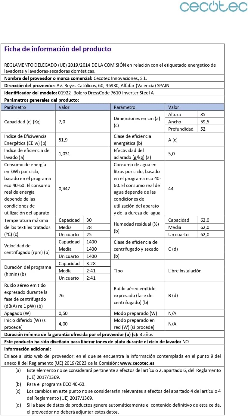 Cecotec - Lave-linge frontal 7kg, 1400tr/min, classe A, vapeur, Dresscode7610