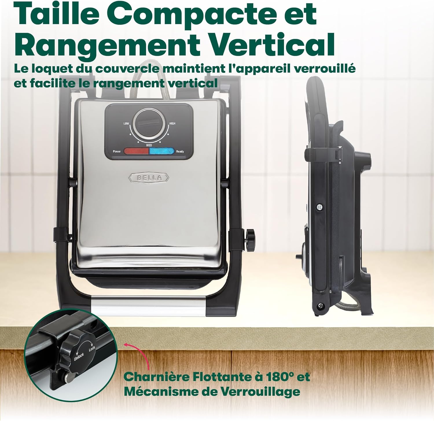 Bella - Presse à panini inox - 1400W - plaques antiadhésives, couvercle réglable, plateau amovible