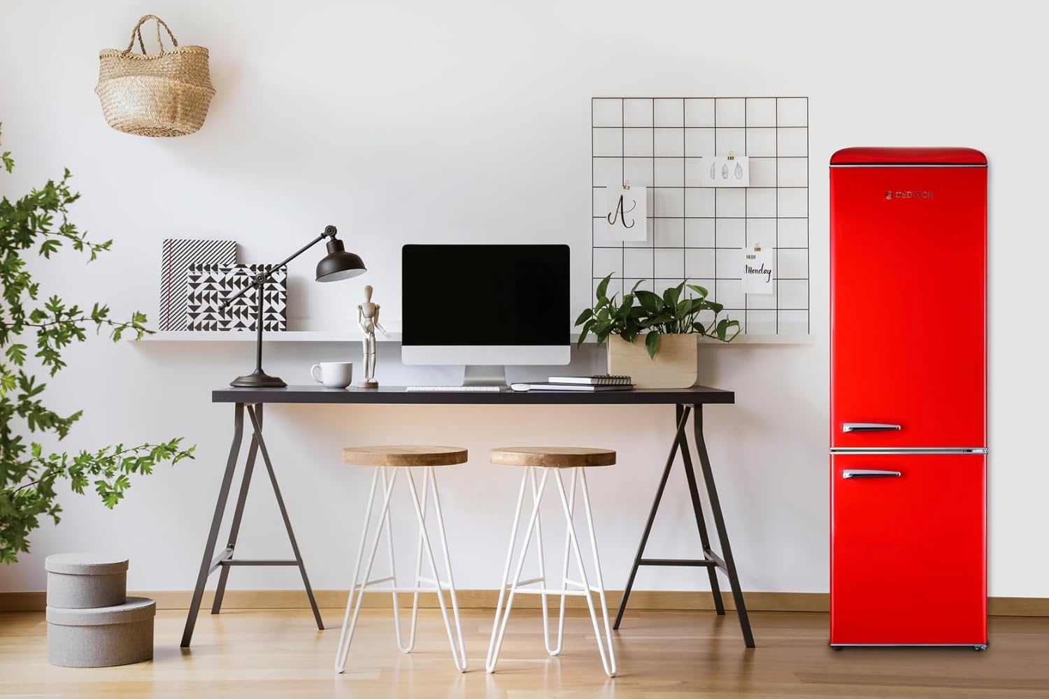 GEDTECH - Réfrigérateur vintage combiné 310L, congélateur bas, rouge, GCBV310RD