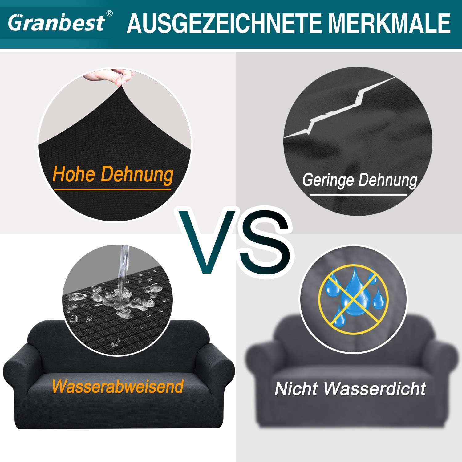 Granbest - housse canapé stretch imperméable 2 places - spandex, mousse antidérapante, noir