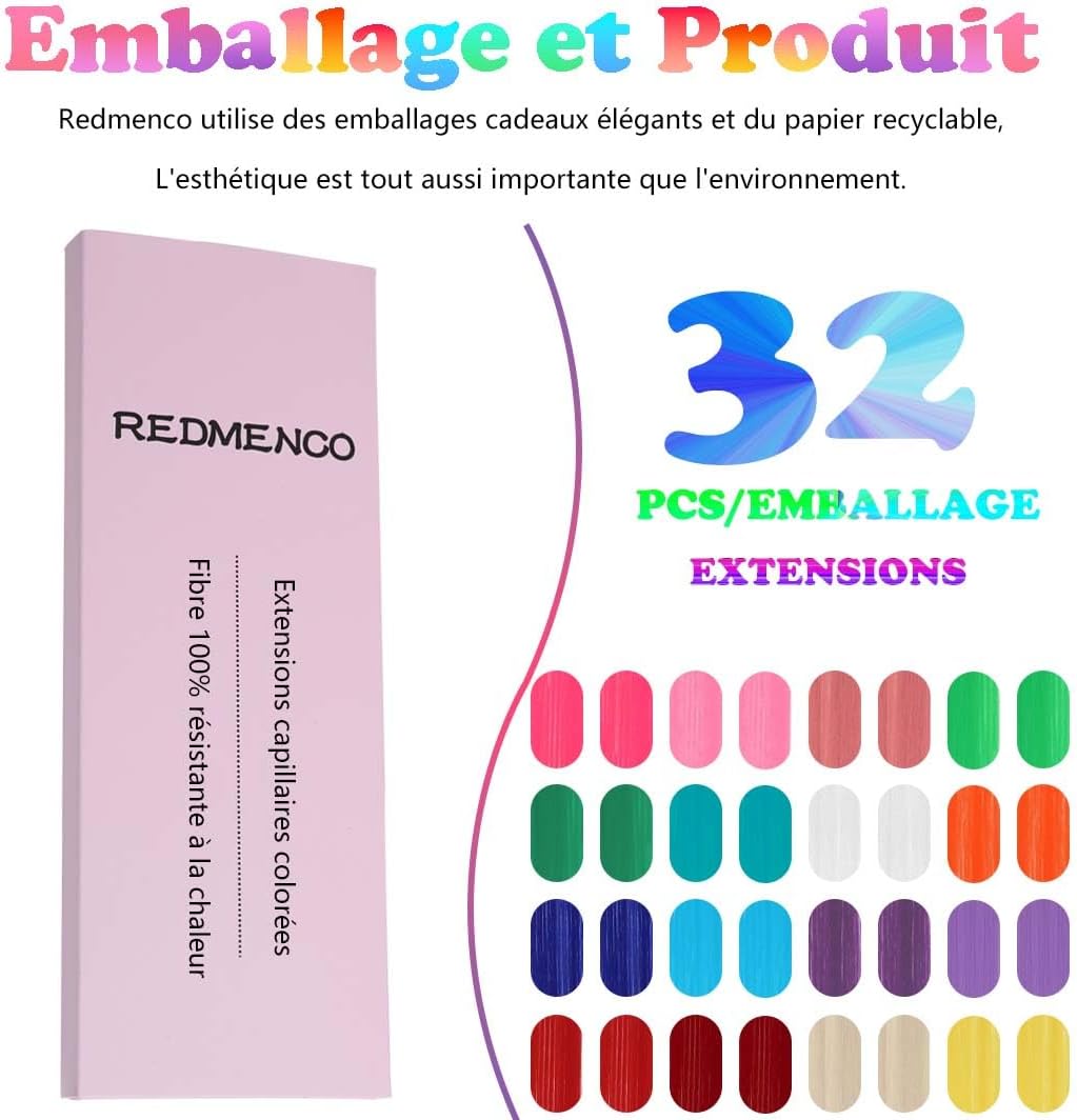 Extensions de cheveux – 32 pièces – multicolores, clips faciles à poser