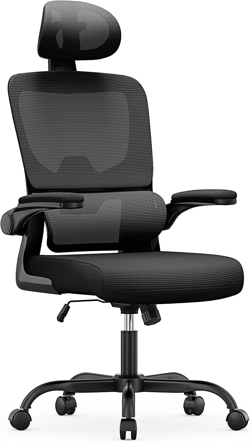 Chaise de bureau ergonomique - appui-tête & lombaire réglables - accoudoirs réversibles, maille noire, usage maison et b