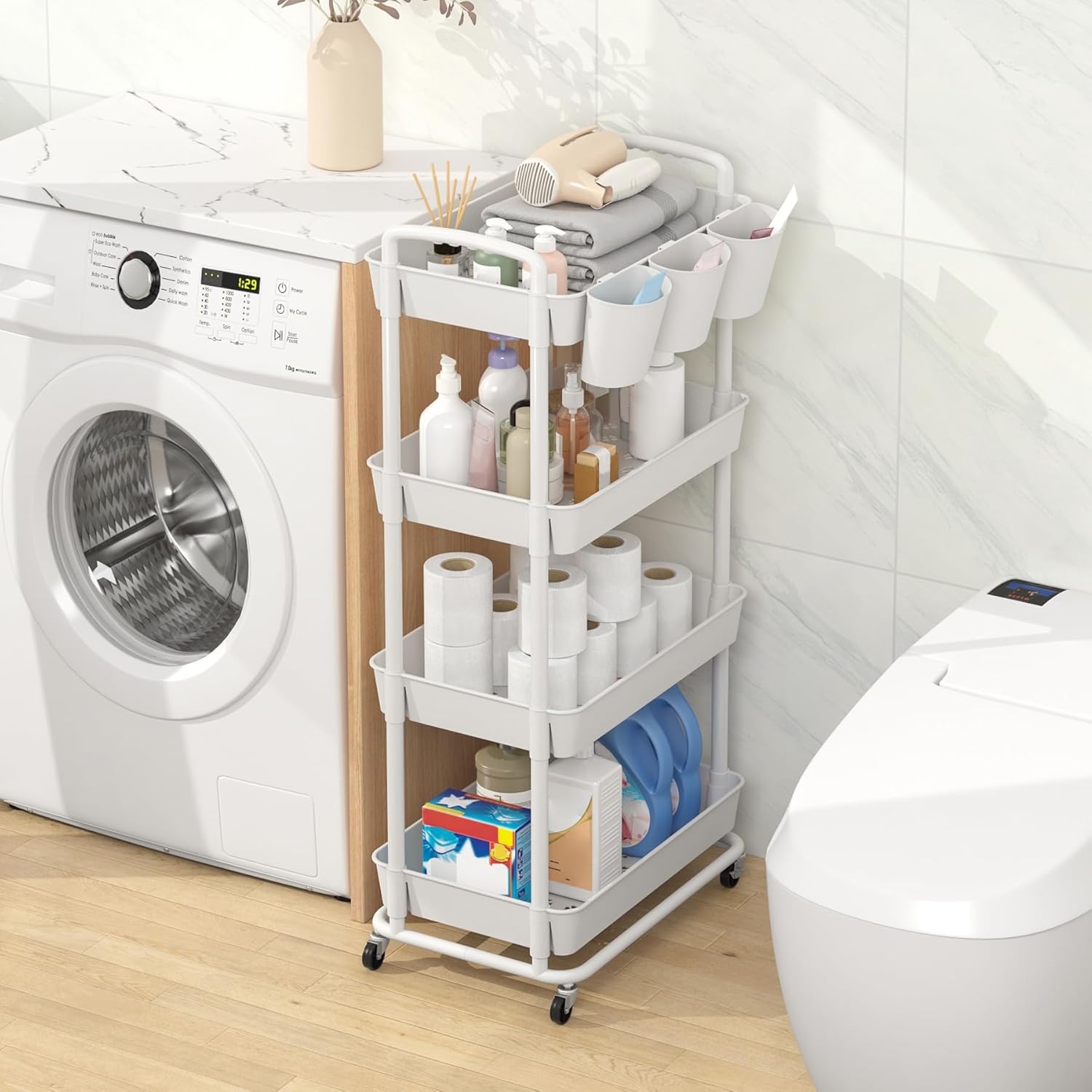 JIUYOTREE - Chariot 4 niveaux -  roulettes verrouillables, poignées, gobelets suspendus, blanc