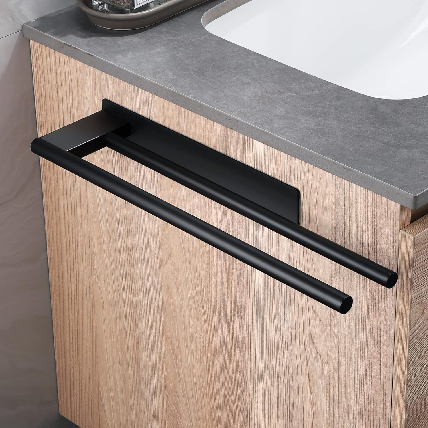 Porte-serviettes mural inox double bras, auto-adhésif, noir, 40 cm