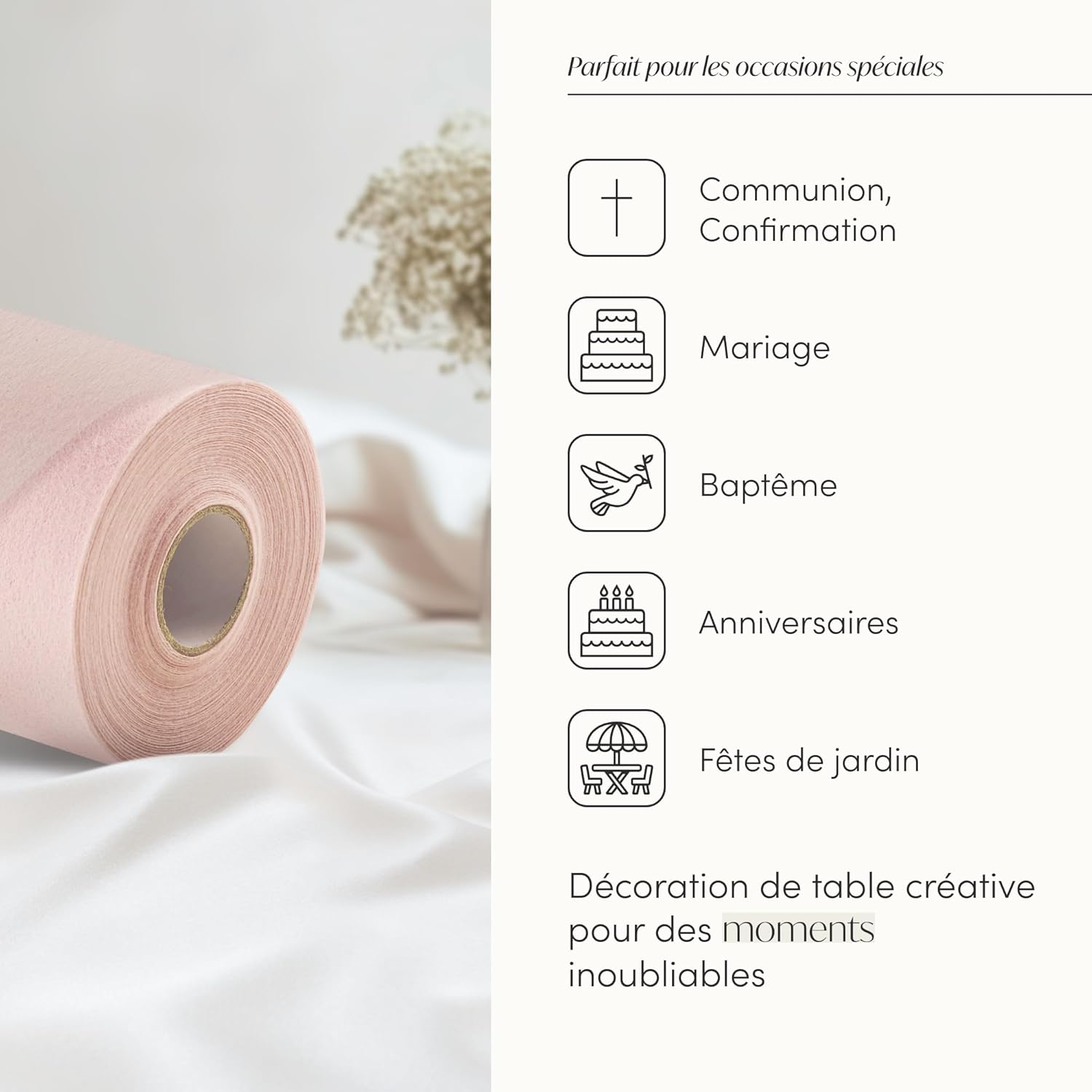 100%Mosel - Chemin de table non-tissé, rose pâle, 30x2500cm, décorations événementielles