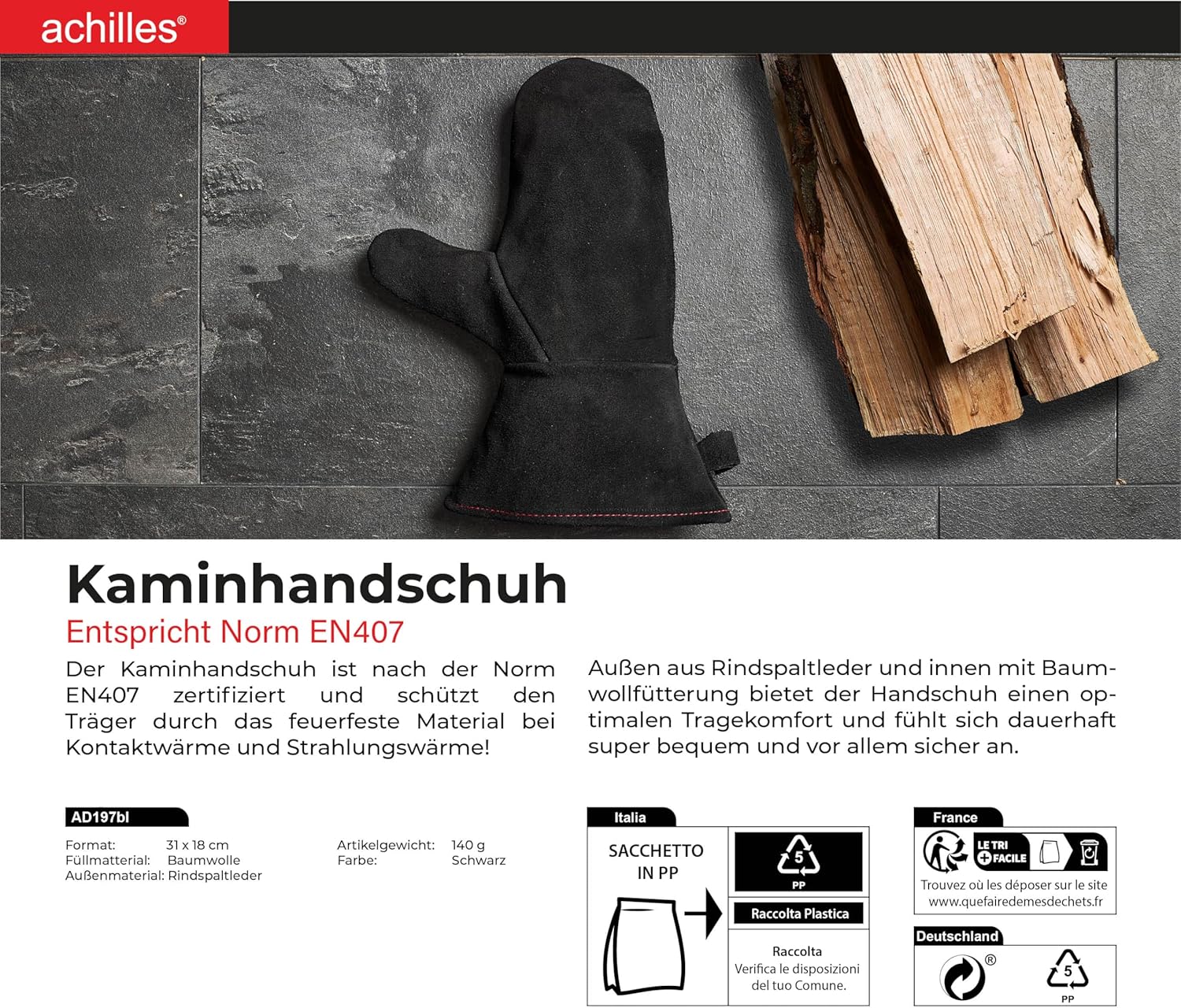 Achilles - Gant cheminée EN407 - cuir, isolation thermique, ignifuge, noir