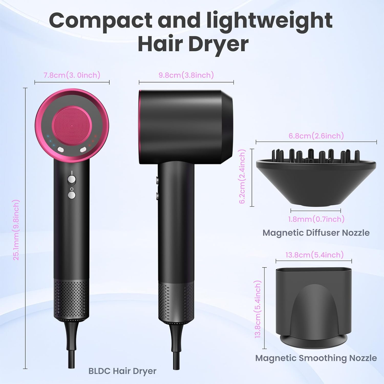 Sèche-cheveux ionique - 4 températures, 3 vitesses, moteur brushless, léger, diffuseur, accessoires magnétiques, 150000 