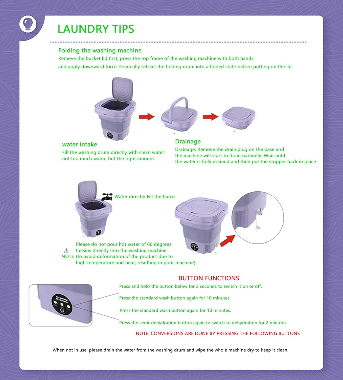 Machine à laver portable 12L - mini, compacte, bébé, camping, pourpre