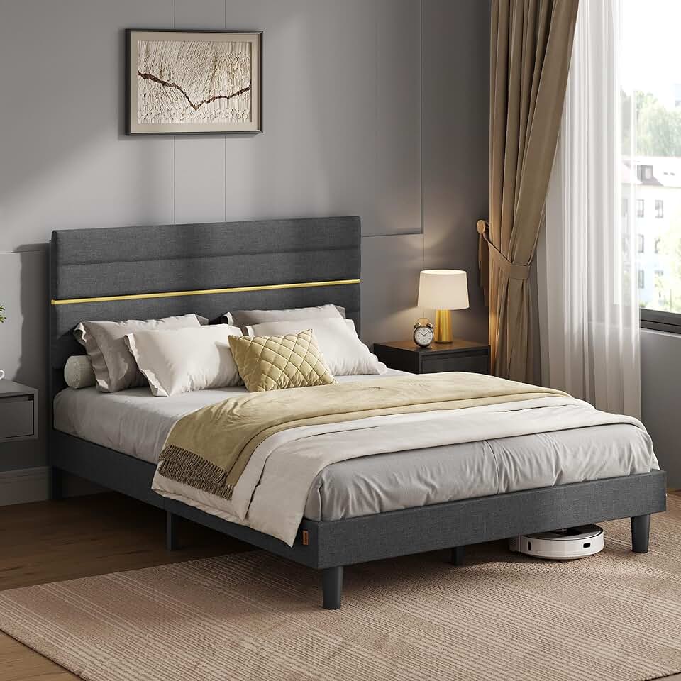 VASAGLE - lit double série RMB503G01 - 140x190 cm - métal, bois massif, tête de lit ajustable, gris ardoise RMB503G01