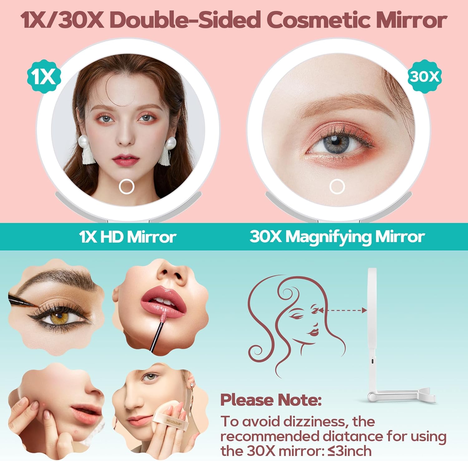 B Beauty Planet - miroir grossissant double face 30X/1X - lumineux, pliable, avec pince à épiler