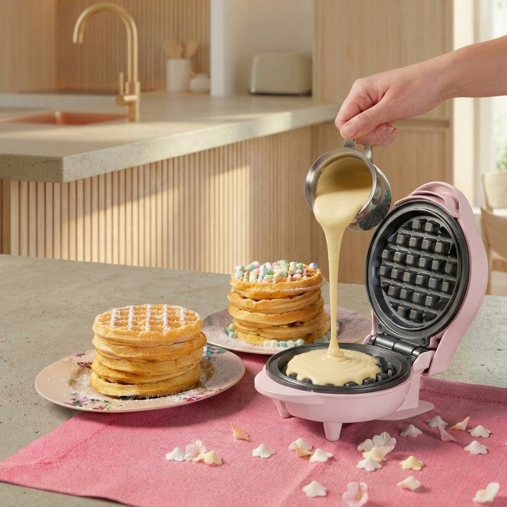 Bestron - Mini gaufrier rétro, revêtement antiadhésif, rose, compact