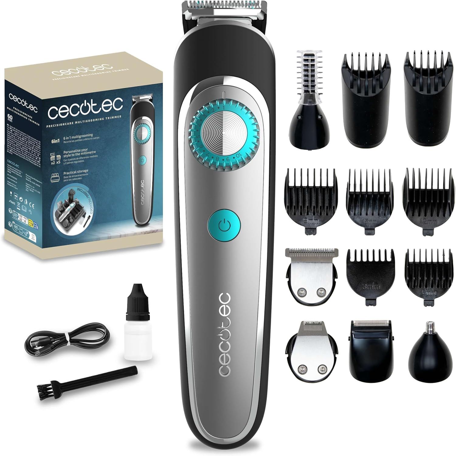 Cecotec - PrecisionCare Multigrooming - tondeuse barbe et cheveux - 6 têtes, 7 peignes, IPX7