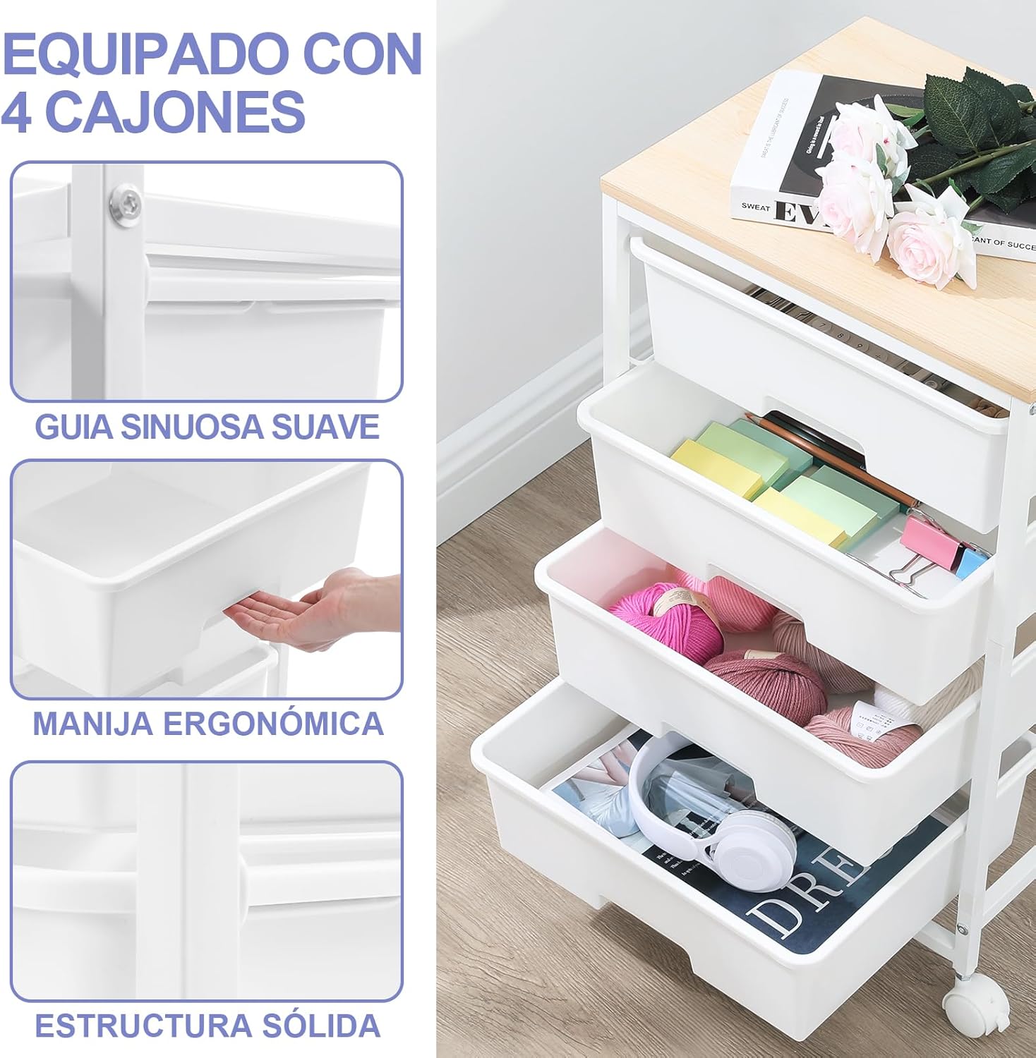 Chariot de rangement - 4 tiroirs, roulettes, plateau bois, blanc, grande capacité, cuisine/salon, 60x40x80 cm